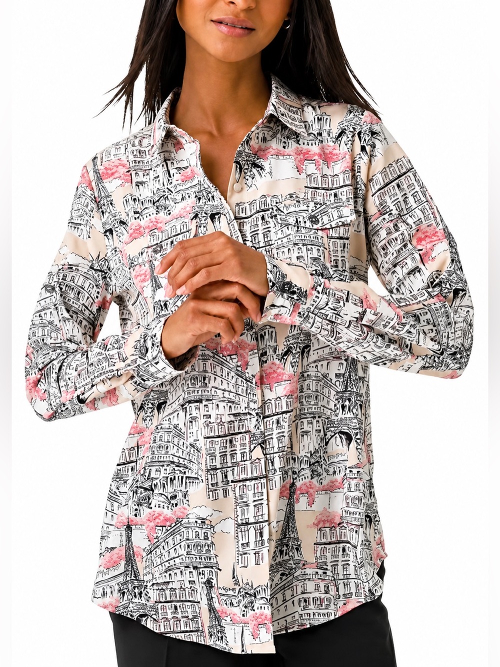 Karl Lagerfield Whimsical Print Collar Pocket Roll-Tab Shirt Dune Pink - L